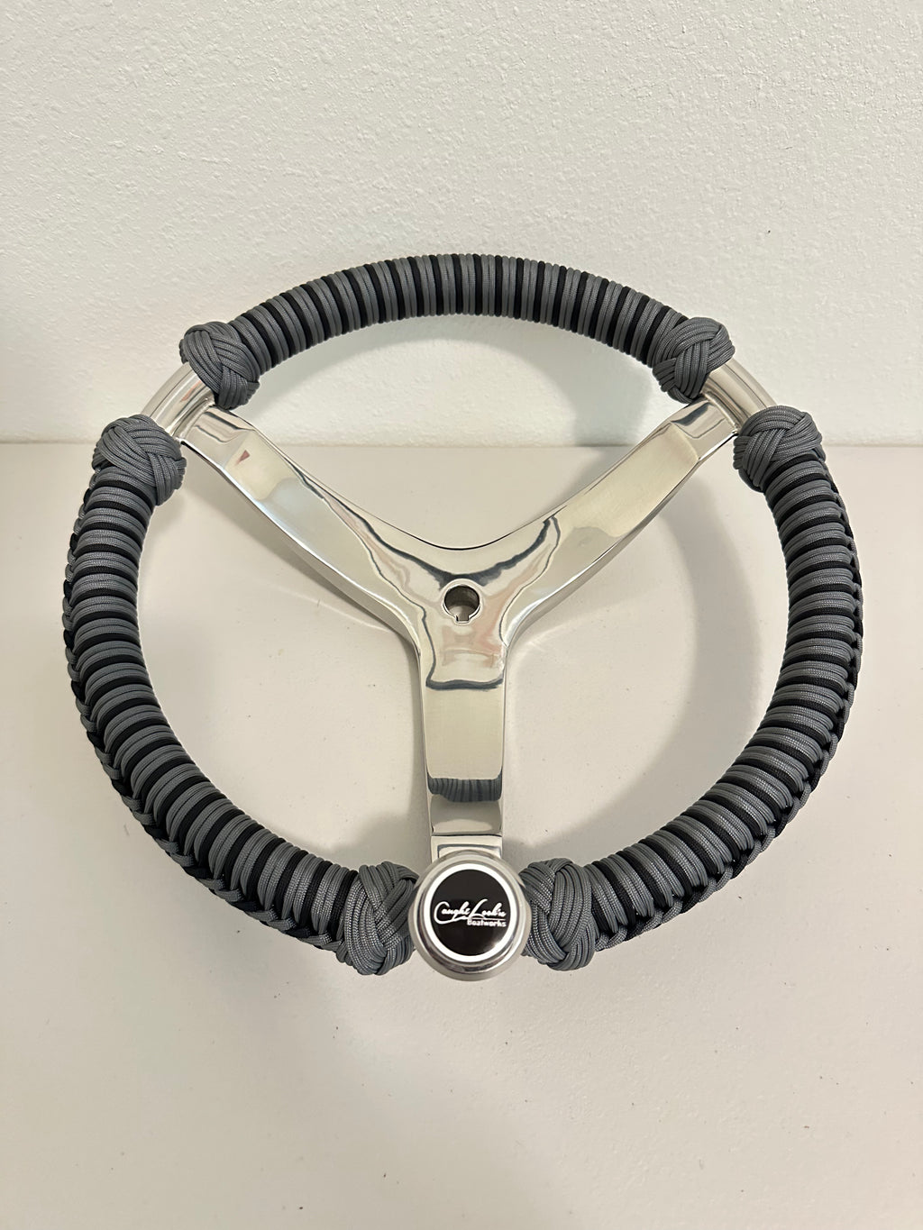 Gray & Black Paracord Wrapped Boat Steering Wheel (Gemlux)