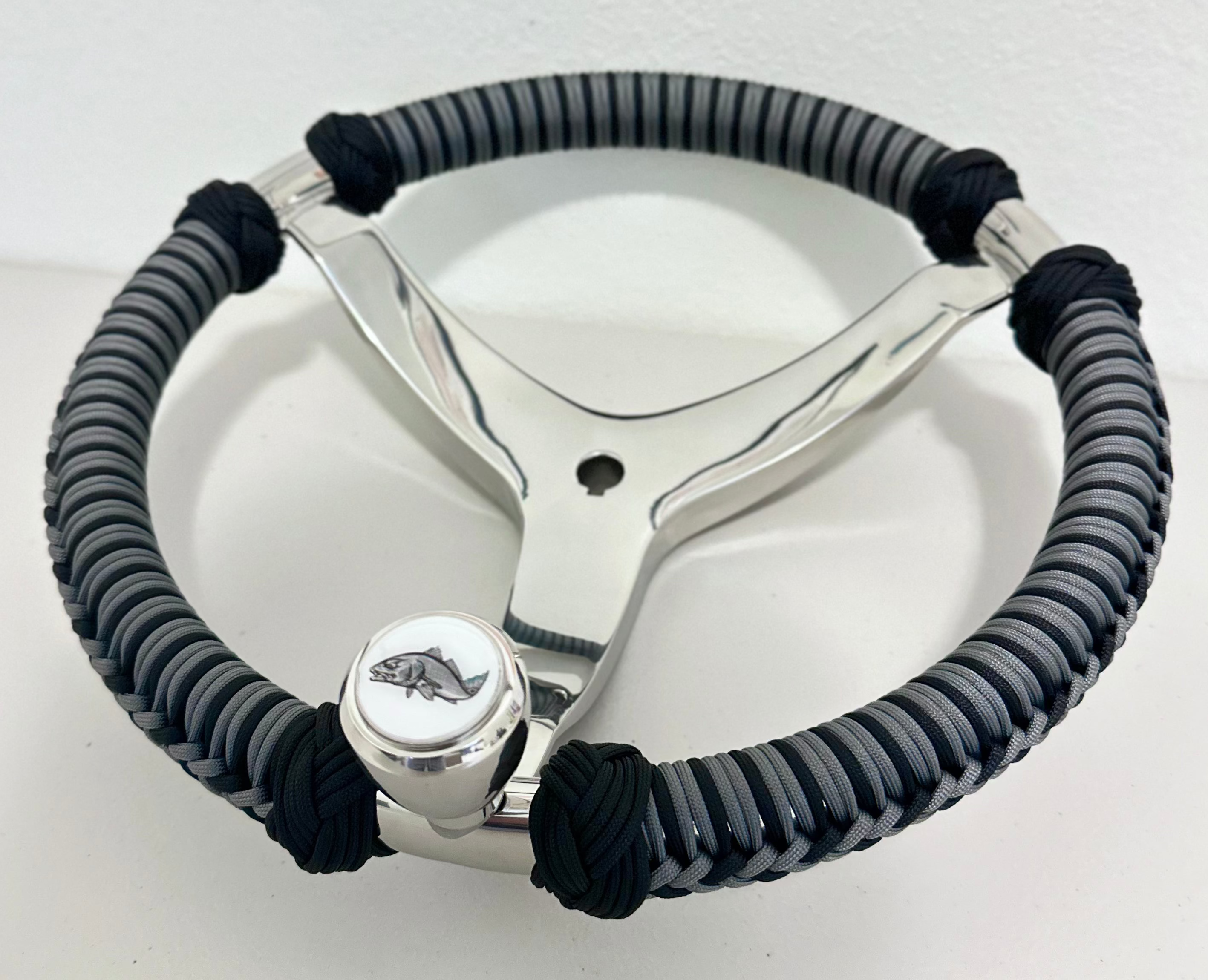 Gray & Black Paracord Wrapped Boat Steering Wheel (Gemlux)