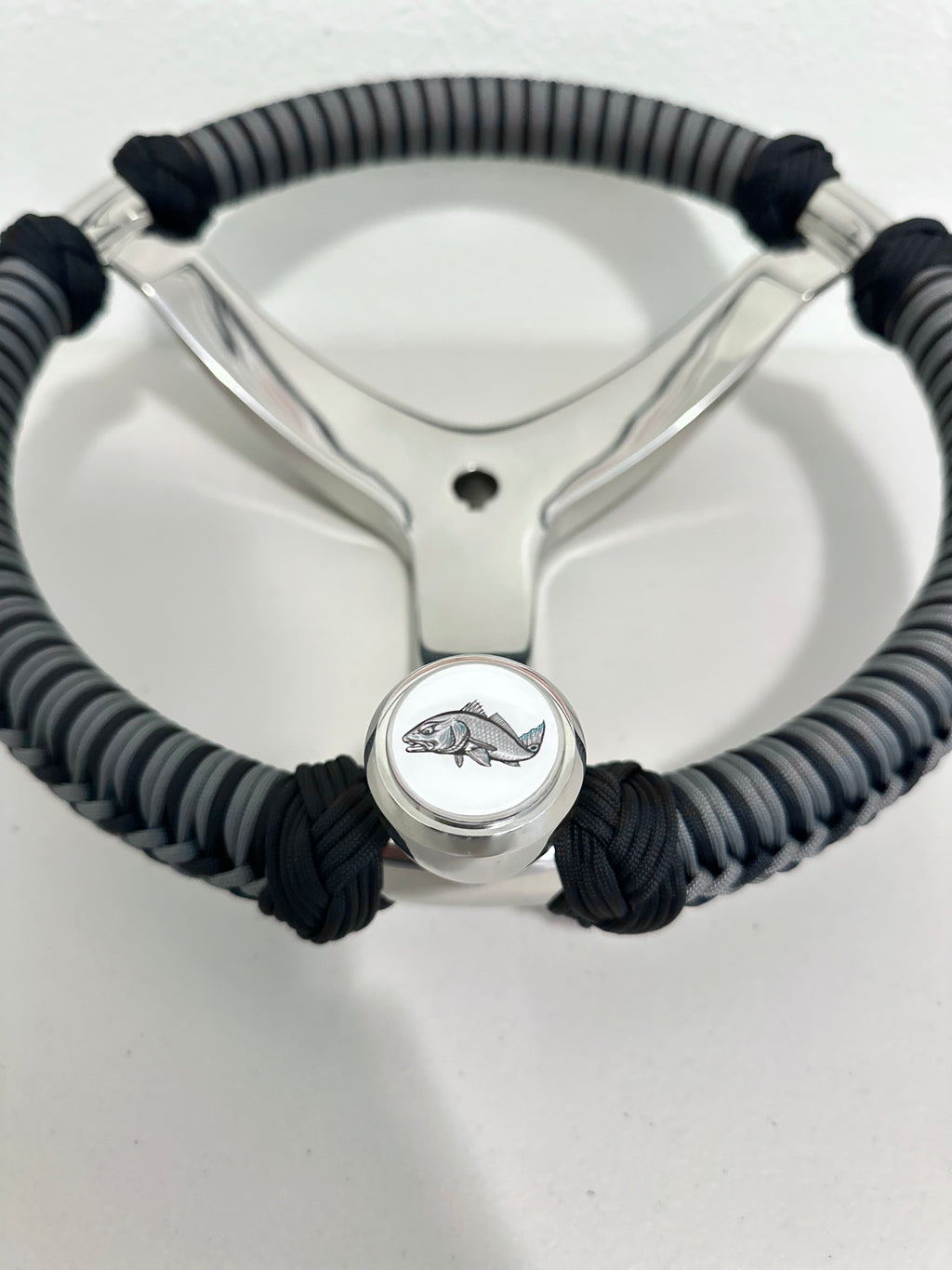 Gray & Black Paracord Wrapped Boat Steering Wheel (Gemlux)